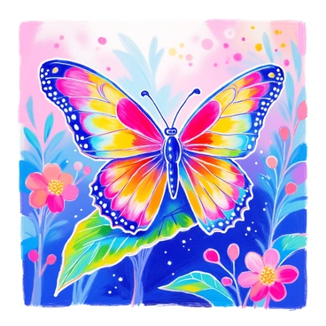 A butterfly with large, spread wings is centered in the image. The wings are vividly colored, showcasing the colors of the seven chakras: red, orange, yellow, green, blue, indigo, and violet. Each section of the wing is detailed with intricate patterns that blend harmoniously into the next color. The butterfly is perched delicately on a vibrant green leaf. In the background, there are soft hints of colorful flowers, creating a lively environment that enhances the butterfly's striking appearance.