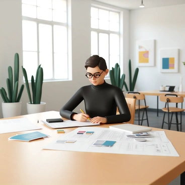 An interior designer, wearing a black turtleneck and glasses, is seated at a large wooden table in a coworking space. The table is covered with blueprints, color swatches, and a laptop. Around her, the coworking space features tall green plants in decorative pots, modern furniture with a mix of wood and metal finishes, and large windows allowing natural light to flood the area. The walls are adorned with contemporary art pieces. The designer is focused, with a pencil in hand, drawing plans on a notepad.