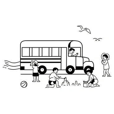A white school bus is parked on the sand near a beach. The bus has large windows and a stop sign extended from the side. Nearby, several children are playing in the sand, building sandcastles and laughing. One child is wearing a sun hat and holding a plastic shovel, while another is filling a bucket with sand. The beach has gentle waves lapping at the shore in the background. A beach ball is rolling nearby, and some seagulls are flying overhead.