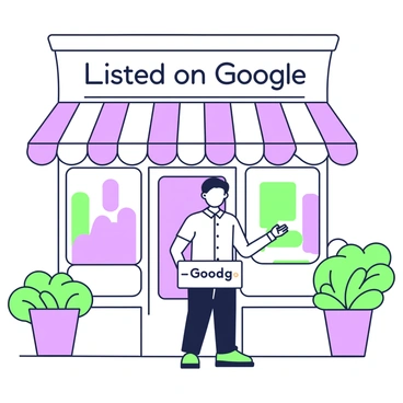 A small business owner is standing in front of their shop with a proud expression. The owner has short, neatly styled hair and is wearing a light-colored button-up shirt and dark pants. They are holding a sign that reads "Listed on Google" prominently in both hands. The shop itself has a welcoming facade with large windows displaying colorful products. Above the entrance, there is a decorative awning. A few potted plants are placed on either side of the entrance, adding a touch of greenery to the scene.
