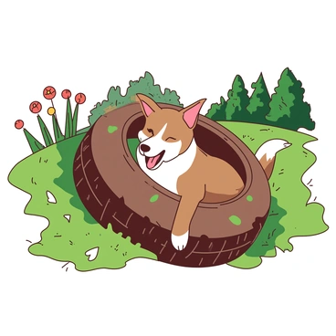 A brown and white scout dog is joyfully rolling inside a large, worn-out tire as it tumbles down a grassy hill. The tire is slightly scuffed and has patches of green moss on its surface. The hill is dotted with vibrant wildflowers, adding splashes of color to the scene. In the background, there are dense trees that frame the hilltop. The dog's ears are flapping in the wind, and its tail is wagging excitedly as it enjoys the adventure.
