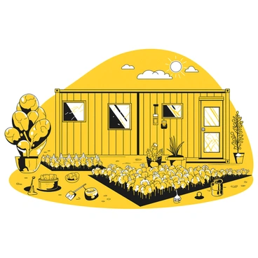 A sustainable farm featuring several yellow shipping containers arranged in a functional layout. The containers have windows and doors, with plants growing alongside them. In the foreground, there are rows of lush green vegetables and herbs cultivating in raised garden beds. Scattered throughout the farm are solar panels and rainwater collection systems. A few farm tools, such as a shovel and a watering can, are placed next to a container. Above, a clear sky provides ample sunlight for the thriving plants.