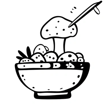 A pair of chopsticks gripping a large shiitake mushroom, with its distinctive domed cap and ridged underside. The bowl is filled with an assortment of fresh vegetables and mushrooms, creating a rich texture. The scene conveys the action of the chopsticks lifting the mushroom just above the bowl, with a slight angle showing the mushroom's glossy surface. There are light reflections on the bowl's edge, adding depth to the composition.