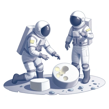 Two astronauts in space suits are standing on the surface of the moon. They are examining large, round wheels of cheese that are scattered across the lunar landscape. One astronaut is kneeling down, reaching out to touch a wheel of cheese, while the other astronaut stands nearby, pointing in surprise. The astronauts' helmets reflect the grey, rocky terrain of the moon and the blackness of space in the background. The cheese wheels are prominently displayed, their textured surfaces contrasting against the moon's dusty surface.