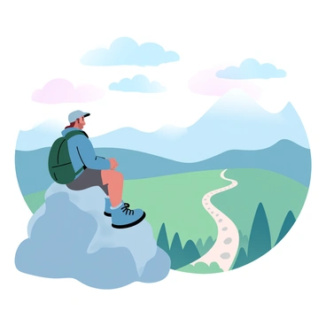 A hiker is seated on a rocky outcrop at the summit of a mountain. The hiker is wearing a backpack and is dressed in outdoor gear, including a jacket and hiking boots. They are gazing down at the winding path that leads through the valley below. The landscape features rolling hills, patches of greenery, and distant mountains under a gradient of pastel colors in the sky. Fluffy clouds float gently above, adding to the peaceful atmosphere of the scene.