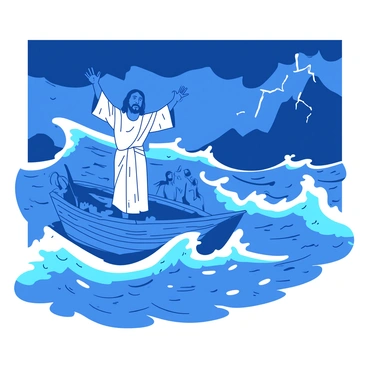 A blue sea is churning with large, white waves crashing against each other under a dark, stormy sky. In the foreground, Jesus stands on a small wooden boat, raising his arms with a calm expression, commanding the turbulent waters. His disciples are scattered around the boat, their faces a mix of awe and fear, as they grasp the sides of the boat for support. The boat itself is weathered and appearing dynamic as it rises and falls with the waves. Dark clouds loom overhead, while occasional flashes of lightning create dramatic contrasts in the scene.