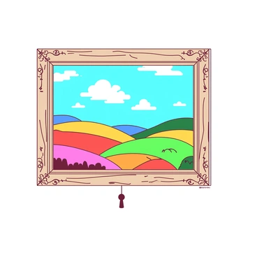 A large rectangular painting with a colorful landscape is hanging on a wall. The painting features vibrant rolling hills under a bright blue sky, with fluffy white clouds scattered throughout. Beneath the ornate wooden frame of the painting, there is a small keyhole that is barely visible. The frame is intricately carved with floral patterns, adding a touch of elegance. The wall behind the painting is painted a soft white, contrasting with the colorful scene in the artwork.