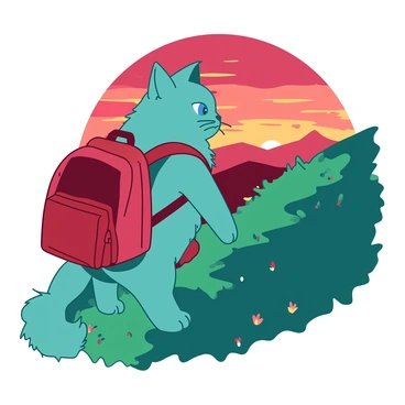 A teal ragdoll cat is hiking up a steep hill, wearing a small red backpack secured to its back. The cat's fur is fluffy and soft, and its blue eyes are focused ahead as it climbs. In the background, the sky is filled with vibrant colors of the sunset, blending shades of red and orange as the sun sets on the horizon. The hill is covered with green grass and small wildflowers, adding to the picturesque scenery.