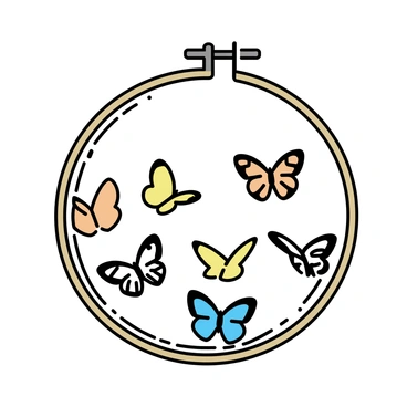 A wooden embroidery hoop with a floral pattern on the fabric, featuring several colorful butterflies emerging from it. The butterflies display vibrant colors, such as blue, orange, and yellow, with intricate patterns on their wings. The scene captures the moment as the butterflies flutter gracefully around the embroidery hoop, creating a lively and dynamic composition.