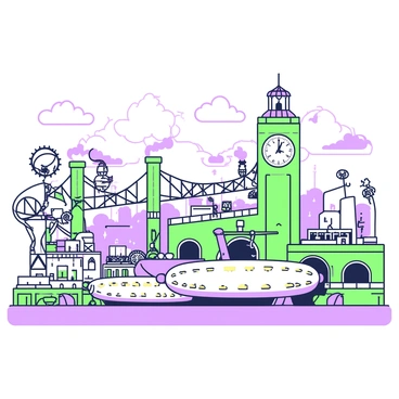 A steampunk-inspired port is bustling with activity. In the foreground, there are two large airships docked, their metal hulls reflecting intricate gears and brass fittings. The sky features a mix of clouds and steam rising from various mechanical structures. To the left, a towering mechanical crane stands over the docks, with a worker operating it. The background showcases a series of interconnected bridges adorned with gears and pipes, leading to a small marketplace filled with vendors. Small mechanical contraptions and vehicles are scattered throughout the area, emphasizing the industrial theme. A large clock tower rises above the port, displaying ornate clockwork mechanisms.