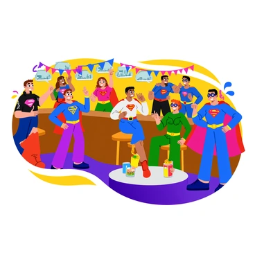 A lively bar scene filled with people dressed as their favorite superheroes. Each person is wearing vibrant and colorful costumes, featuring capes, masks, and emblematic symbols that represent their characters. Some attendees are striking dynamic poses, showing off their outfits, while others are laughing and chatting together. The bar is decorated with themed decorations such as balloons and banners that reflect a superhero motif. A few tables have superhero-themed drinks and snacks on them, adding to the festive atmosphere. The lighting is bright and cheerful, enhancing the playful vibe of the costume party.