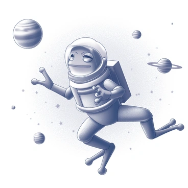 A frog in a space suit is floating in a vast expanse. The space suit is detailed, featuring a helmet with a clear visor revealing the frog's amazed expression. The background is filled with numerous stars twinkling and several planets of different sizes and shapes scattered throughout the scene. The frog's limbs are outstretched as it gazes in wonder at the celestial bodies surrounding it.