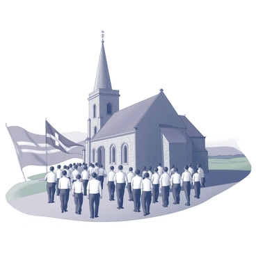 A view of an old Cornish church set on a hillside. The church features a stone exterior with a tall, pointed steeple and arched windows. In front of the church, a group of people is gathered, dressed in traditional attire for St Piran's Day, including white shirts and black trousers. Some participants are holding flags with the Cornish banner, which displays a white cross on a black background. The surrounding landscape includes green fields and a clear sky, creating an atmosphere of celebration. The scene captures the essence of community and tradition during this ceremonial event.
