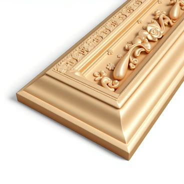 A detailed close-up of an ornate golden picture frame. The frame features intricate carvings of floral patterns and swirling vines, showcasing a high level of craftsmanship. The gold finish glimmers under the light, highlighting the various textures of the carvings. The edges of the frame have a smooth, reflective surface, contrasting with the detailed, raised designs. Small decorative elements, such as tiny leaves and scrolls, are present throughout the frame, adding to its elegance and complexity.