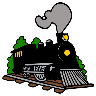 Close-up of a powerful locomotive engine, with steam and smoke billowing out from the top. The engine has a shiny black exterior with intricate metallic details and a prominent headlight glowing in the front. The wheels are large and made of iron, covered in soot. The surrounding area shows hints of rail tracks and a blurred background of green foliage, emphasizing the focus on the locomotive. The steam is swirling dramatically, adding movement to the scene.