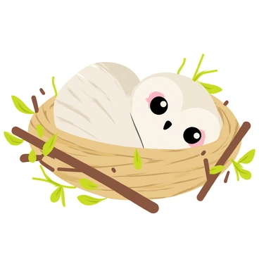 A baby owl with large, round eyes is snugly resting inside its nest. The nest is built from twigs and branches and is lined with soft, white feathers for comfort. The baby owl has fluffy down covering its body, giving it a cozy appearance. Surrounding the nest are green leaves and small twigs, adding to the natural setting. Soft light filters through, casting gentle shadows around the nest.