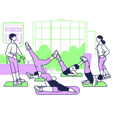 A group of teenagers is practicing the glute bridge exercise in a school gym. There are five teenagers on exercise mats arranged in a circular formation. Each teenager is lying on their back with their knees bent and feet flat on the floor. One teenager on the left is demonstrating proper form, lifting their hips towards the ceiling. The others are following, focusing on their techniques. The gym has large windows allowing natural light to flood the space, and gym equipment such as weights and resistance bands are organized in the background. A motivational poster is hanging on the wall featuring fitness tips.