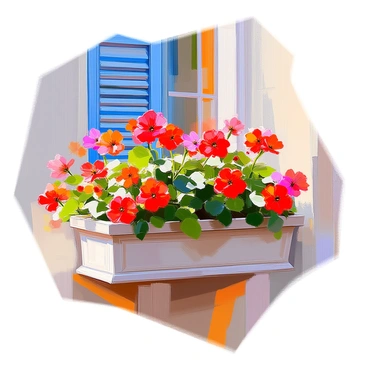 A vibrant window box overflowing with red geraniums against a blue shutter