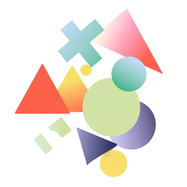 A composition of geometric shapes is arranged in a pattern. The shapes include triangles, circles, and squares, each filled with vibrant colors like red, blue, yellow, green, and purple. The shapes vary in size and overlap each other to create a layered effect. Each shape has crisp edges and distinct color boundaries, enhancing the overall visual impact. The background is a soft white to allow the colors of the shapes to stand out prominently.