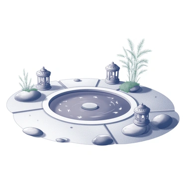 A zen garden featuring a small fish pond at its center. The pond is circular in shape, surrounded by smooth stones and carefully raked sand patterns that create a tranquil atmosphere. Stone lanterns are strategically placed around the pond, each with intricate detailing, casting gentle shadows on the ground. Delicate ripples form on the surface of the water where small fish swim gracefully. Sparse greenery, such as bamboo and ferns, enhances the serene environment without overwhelming the scene. The overall composition invites a sense of calm and contemplation.