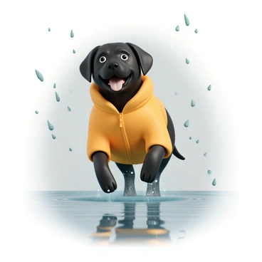 A Labrador, with a shiny black coat, is wearing a bright yellow raincoat that contrasts vividly with its fur. The dog is joyfully splashing in puddles, sending droplets of water flying in every direction. Raindrops are falling gently from the gray sky, creating a soft blur in the background. The ground is wet and reflective, capturing the vibrant yellow of the raincoat and the dark hues of the Labrador's coat. The dog's eyes are bright and playful, showcasing its excitement as it leaps through the puddles.