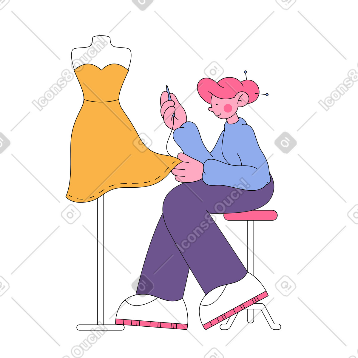 Fashion designer sewing a dress on the mannequin illustration in Bloom style download in PNG, SVG
