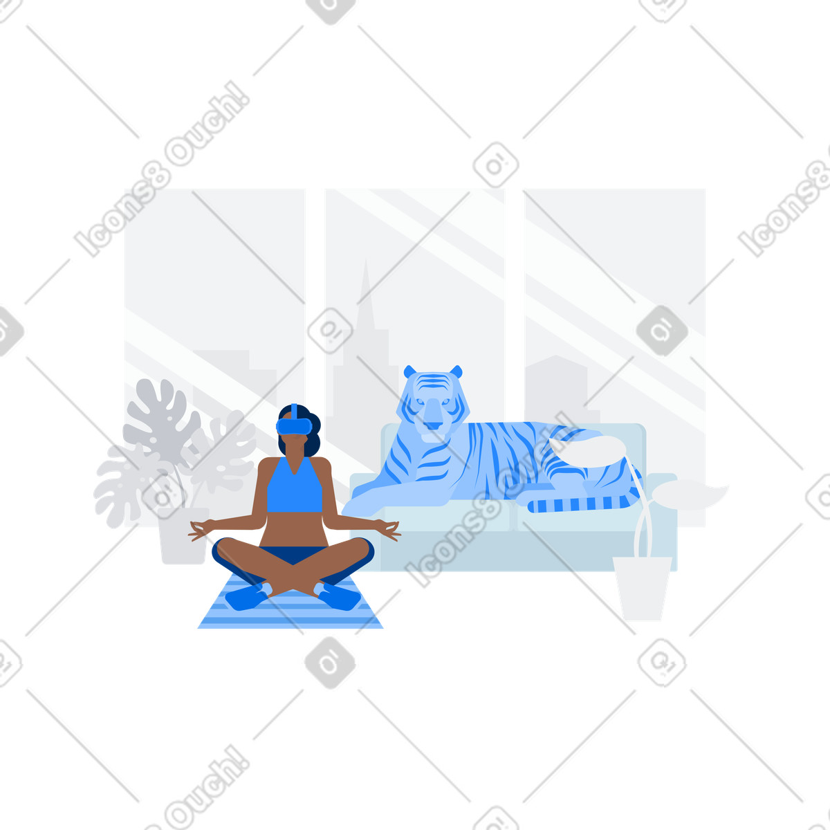 Urban 스타일의 Practicing yoga with VR goggles, Relaxation and mindfulness 일러스트레이션 PNG, SVG 다운로드