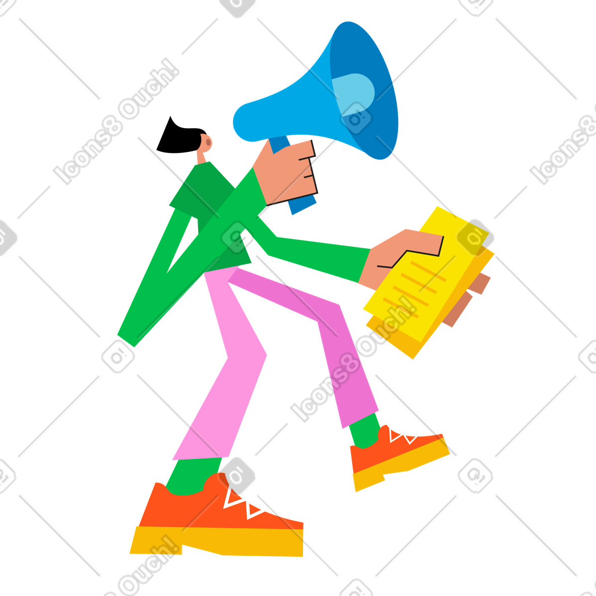 Ragazzo con megafono e volantini illustrazione animata in stile Warp scaricabile in GIF, Lottie (JSON), AE