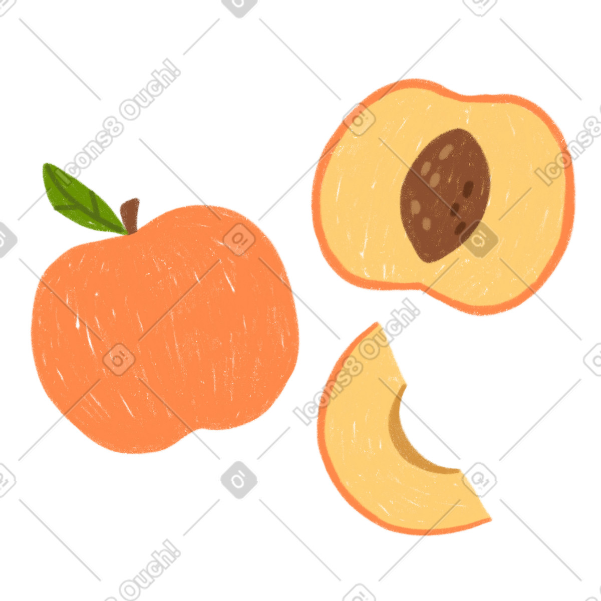 Peach, half of a peach and slice illustration in Cozy style download in PNG, SVG