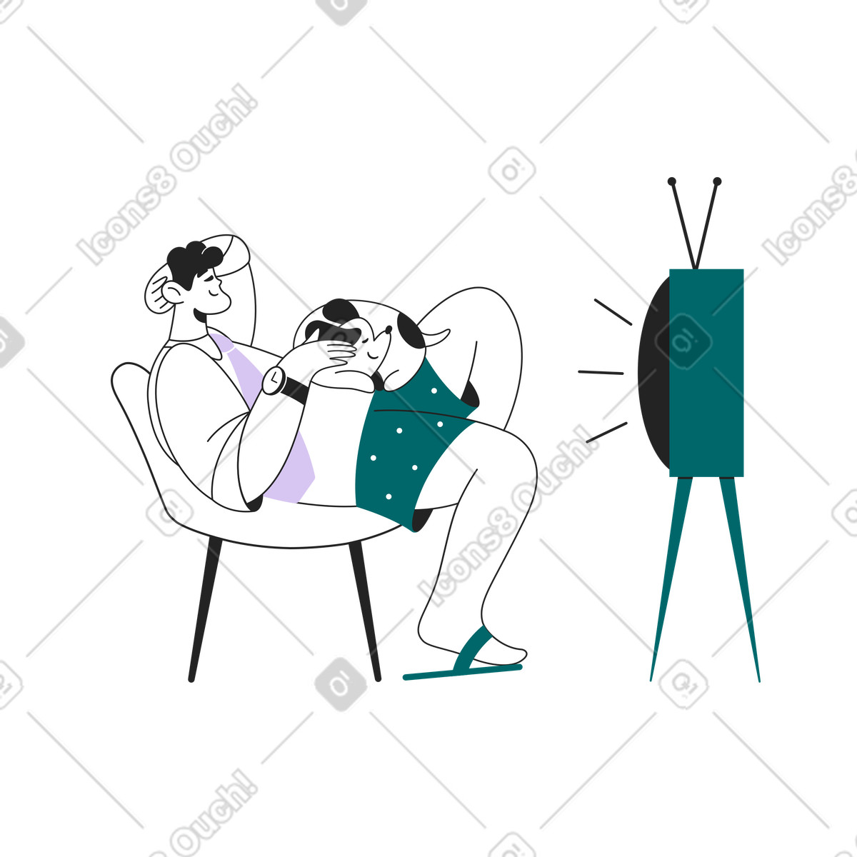 Ilustración Hombre y perro relajándose viendo televisión retro en estilo Sammy Line a descargar en PNG SVG