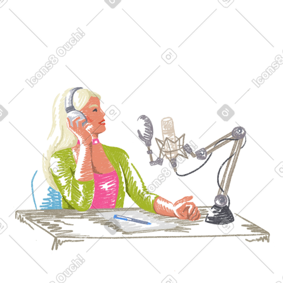 Ilustración Mujer joven grabando un podcast en estilo Sketchbook a descargar en PNG y SVG
