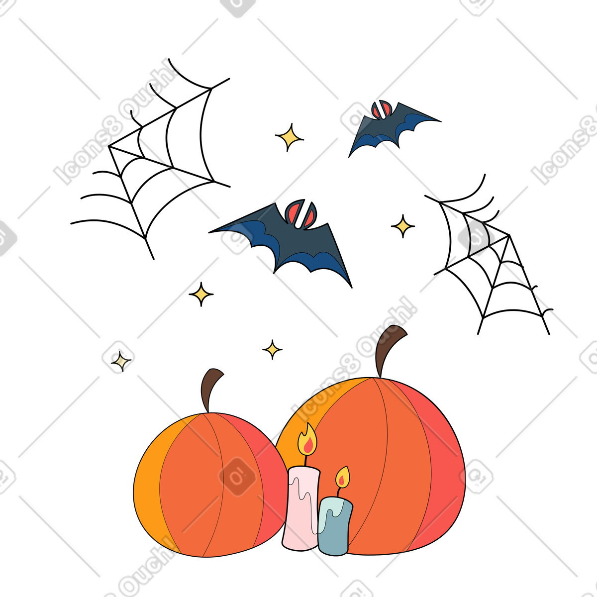 Illustration Citrouilles, chauves-souris, bougies et toiles d'araignées dans le style Surr à télécharger aux formats PNG, SVG