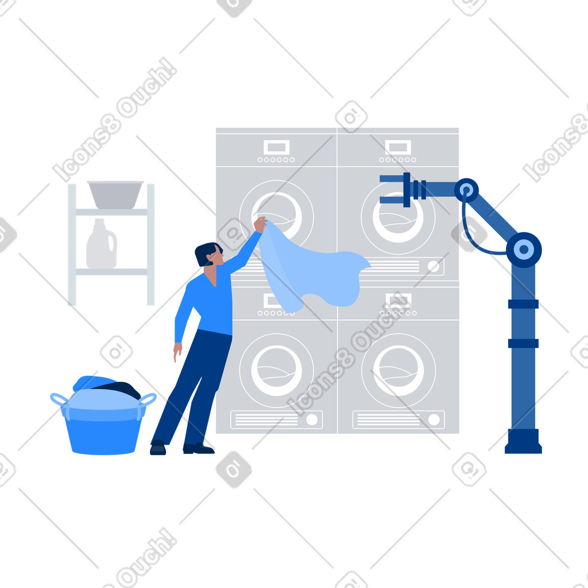 Smart laundry automation with robotic arm and washing machines illustrazione in stile Urban scarica in PNG, SVG