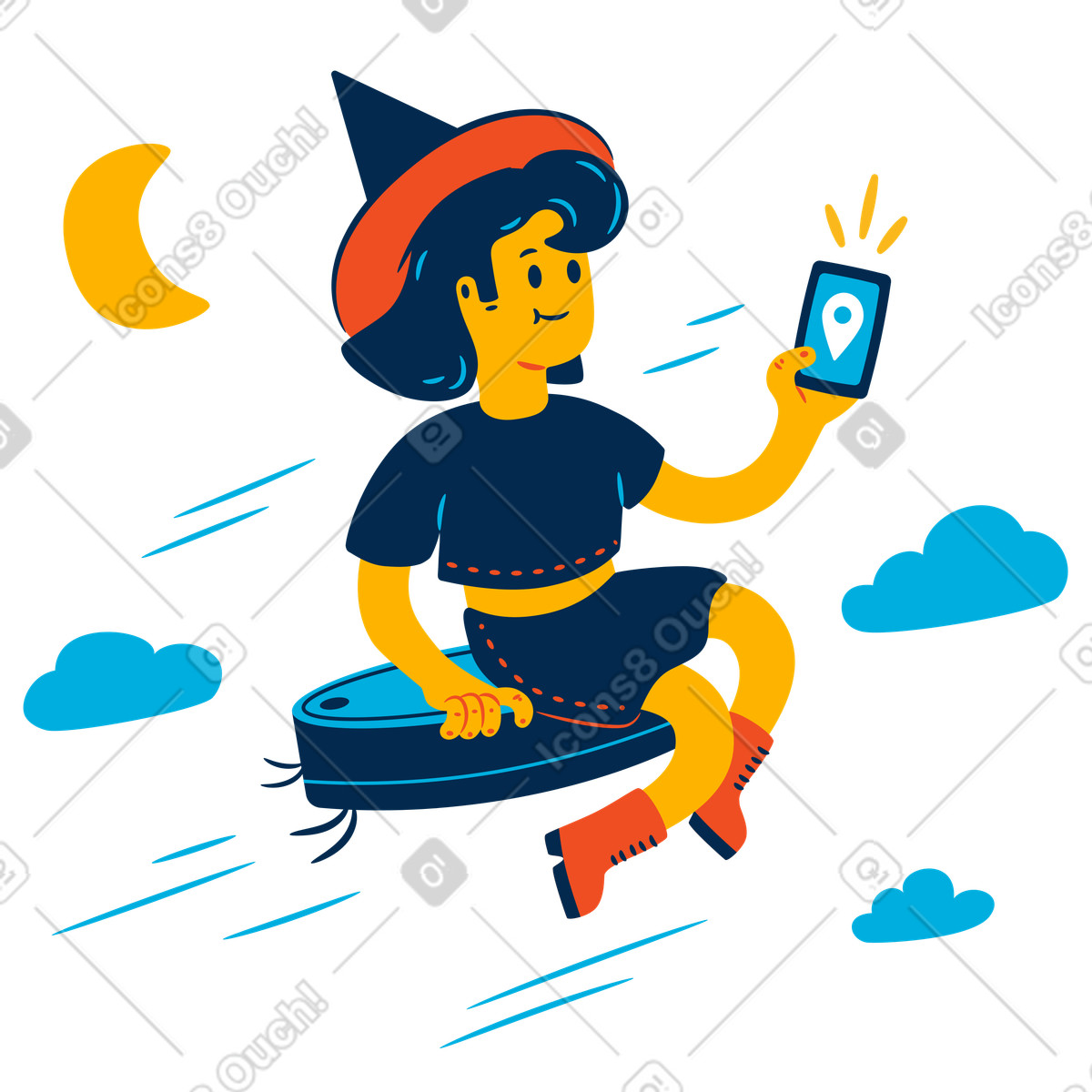 Illustration Sorcière moderne volant sur un aspirateur robot et utilisant smartphone dans le style Flame à télécharger aux formats PNG, SVG