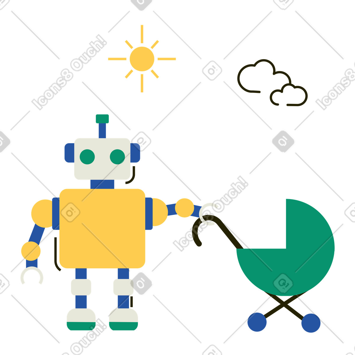 Illustration Baby-sitter robot poussant une poussette dans le style Spot à télécharger aux formats PNG, SVG