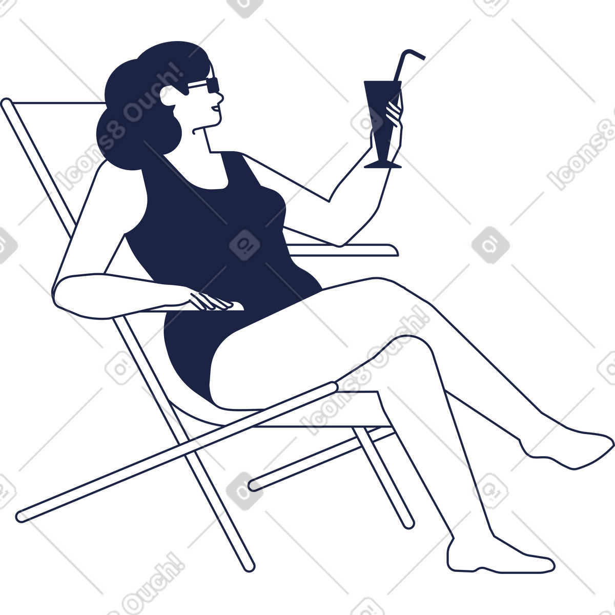 Plus size donna in costume da bagno è seduta su chaise longue e tiene mano un cocktail illustrazione stile Urban Line scarica PNG, SVG