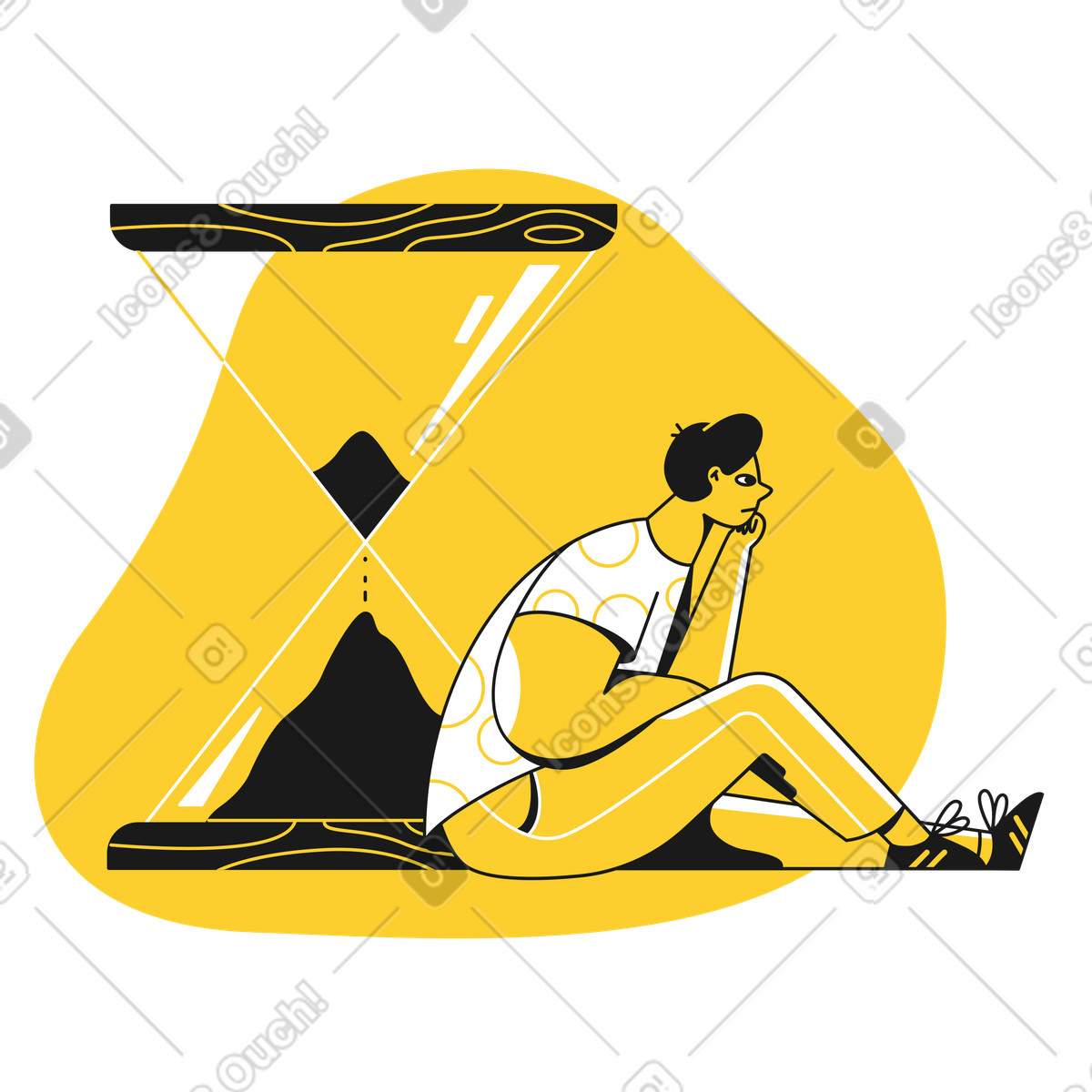 Man sitting near hourglass and waiting animated illustration in Taxi style download in GIF, Lottie (JSON), AE