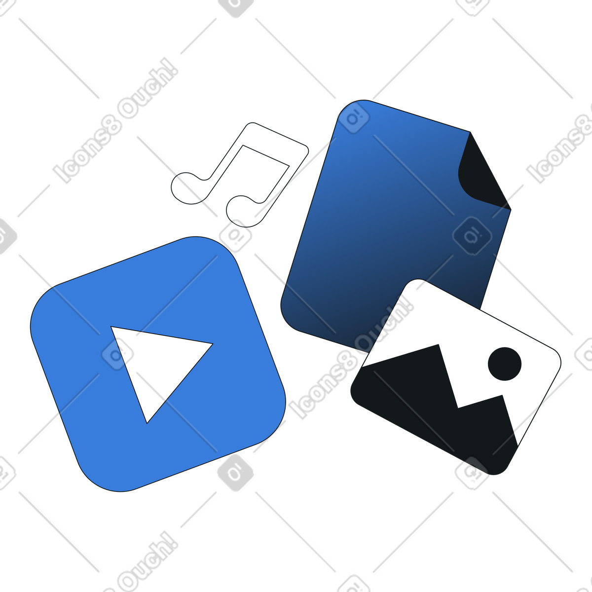 Icone di file multimediali, organizzazione dei media digitali, libreria contenuti e risorse digitali illustrazione in stile Midnight scarica in PNG, SVG