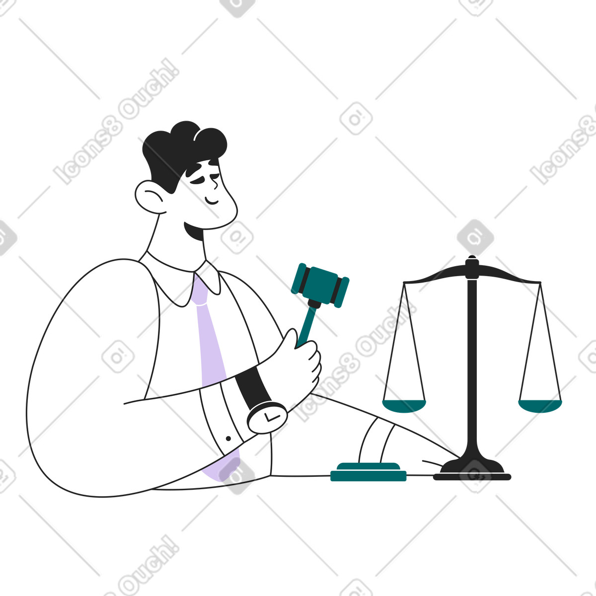 Ilustração de Juiz com martelo e balança da justiça em PNG e SVG