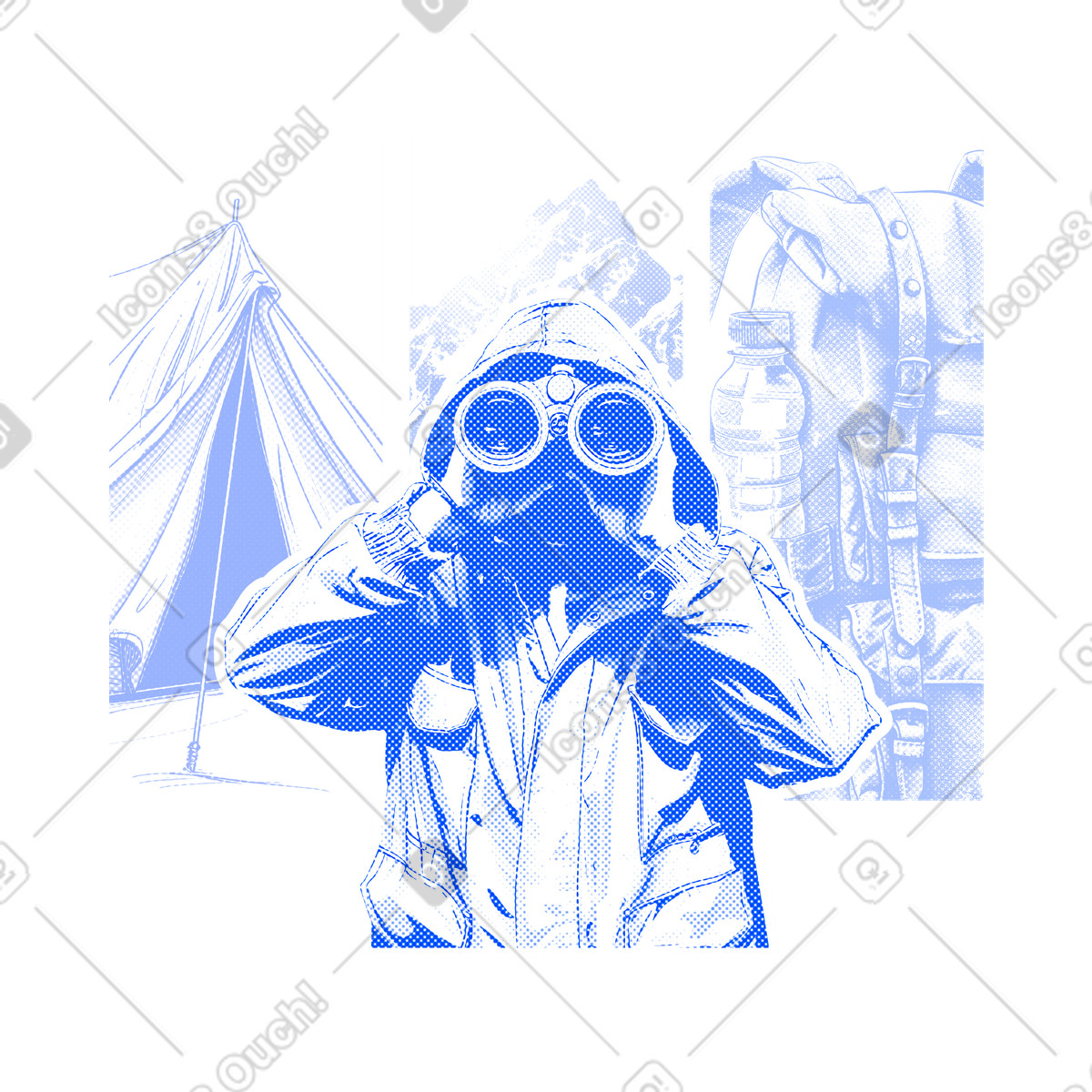 Иллюстрация Explorer with binoculars, hiking poster в стиле Halftone — скачать в форматах PNG, SVG