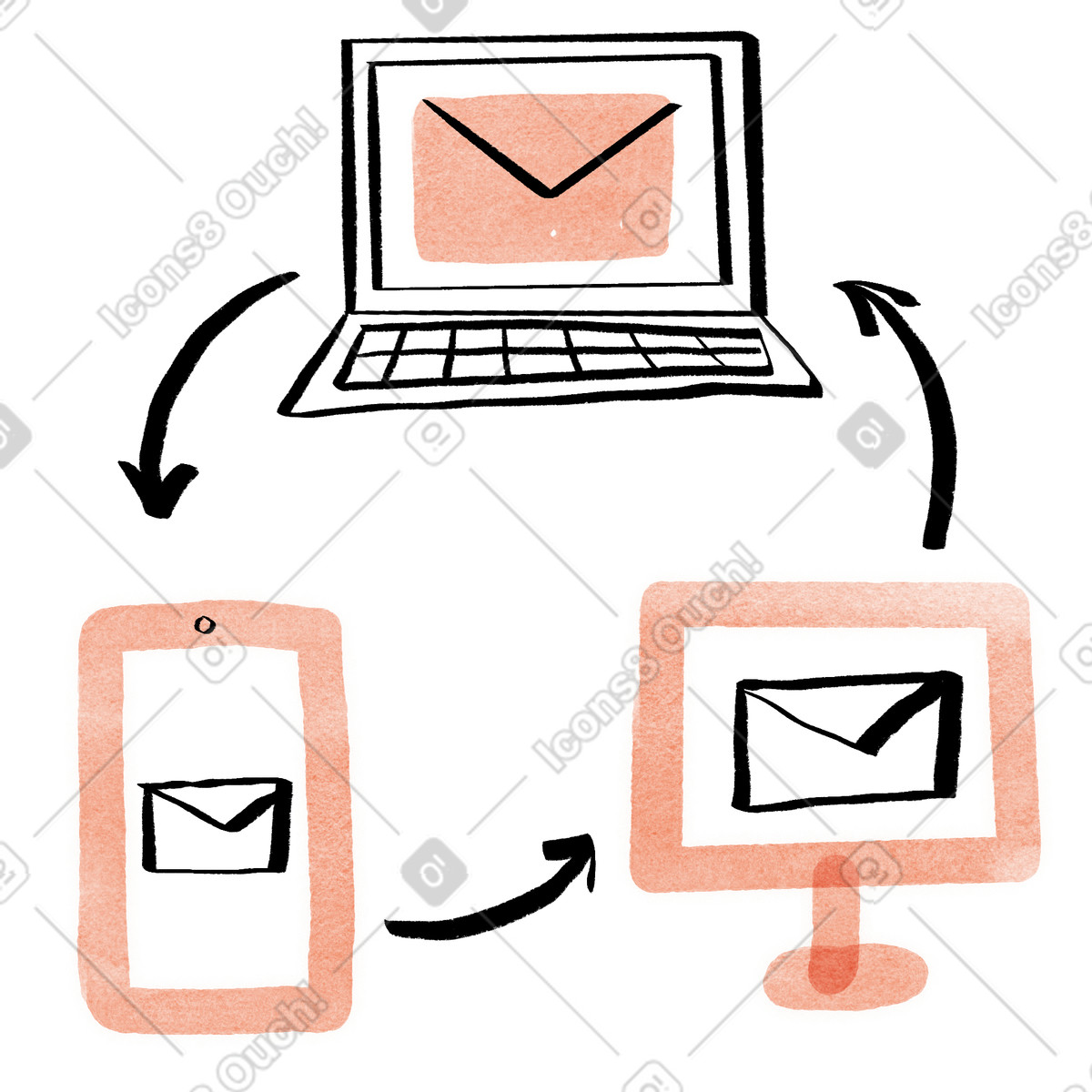 Synchronized email delivery on mobile and pc, synchronization across devices, multi device correspondence management animated illustration in Hand-drawn animation style download in GIF, Lottie (JSON), AE