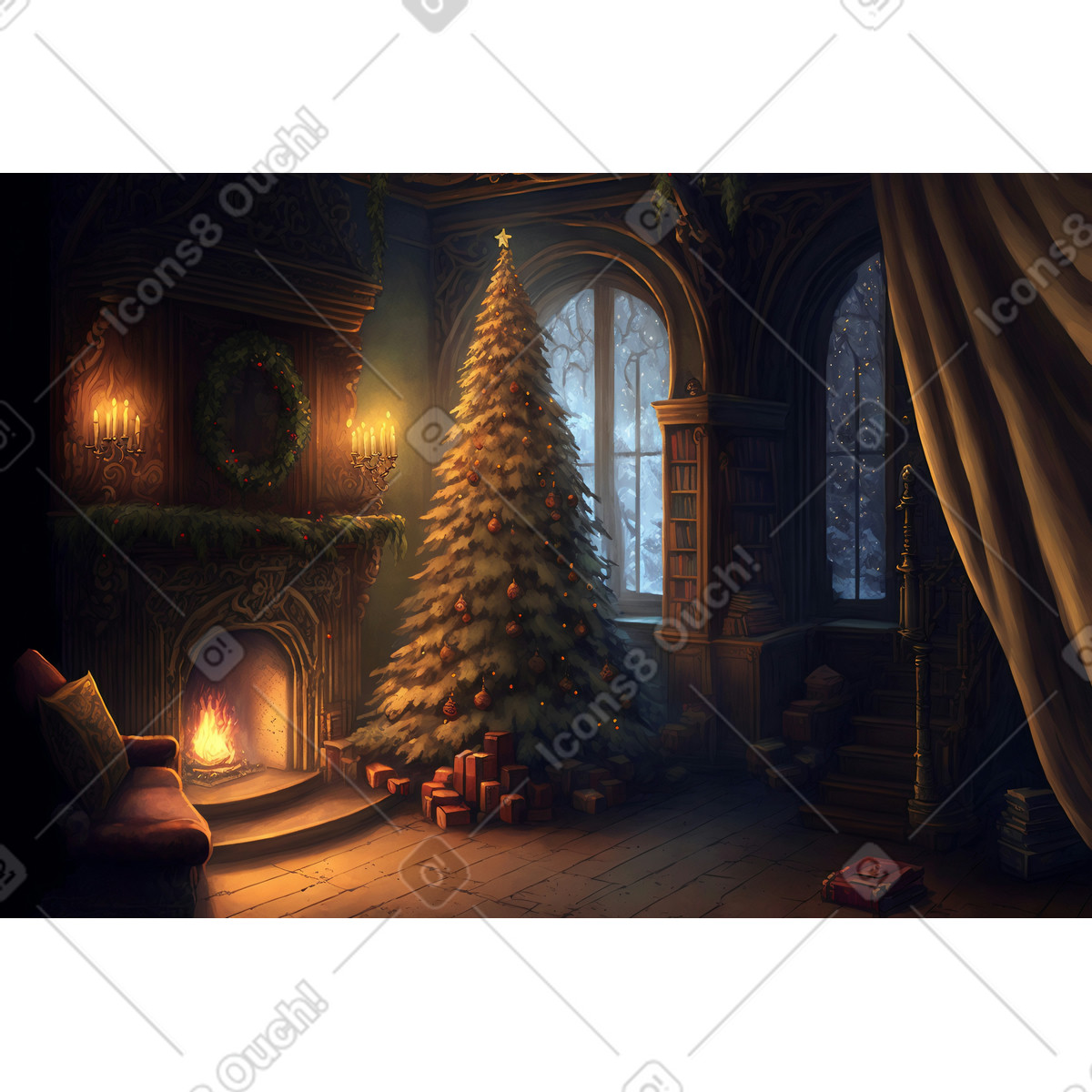 Stanza 3d con camino e priorità bassa dell'albero di natale illustrazione in stile Experimental scarica in PNG, SVG