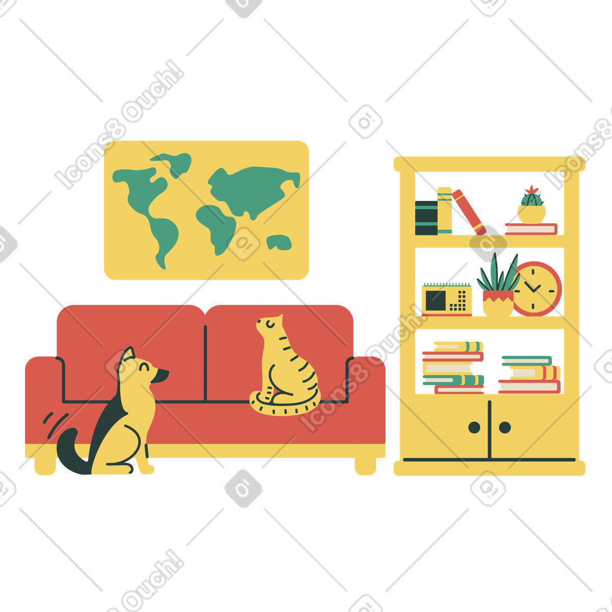Illustration Chat et chien assis dans un salon avec canapé, bibliothèque une carte du monde sur le mur style Macaroni à télécharger aux formats PNG, SVG
