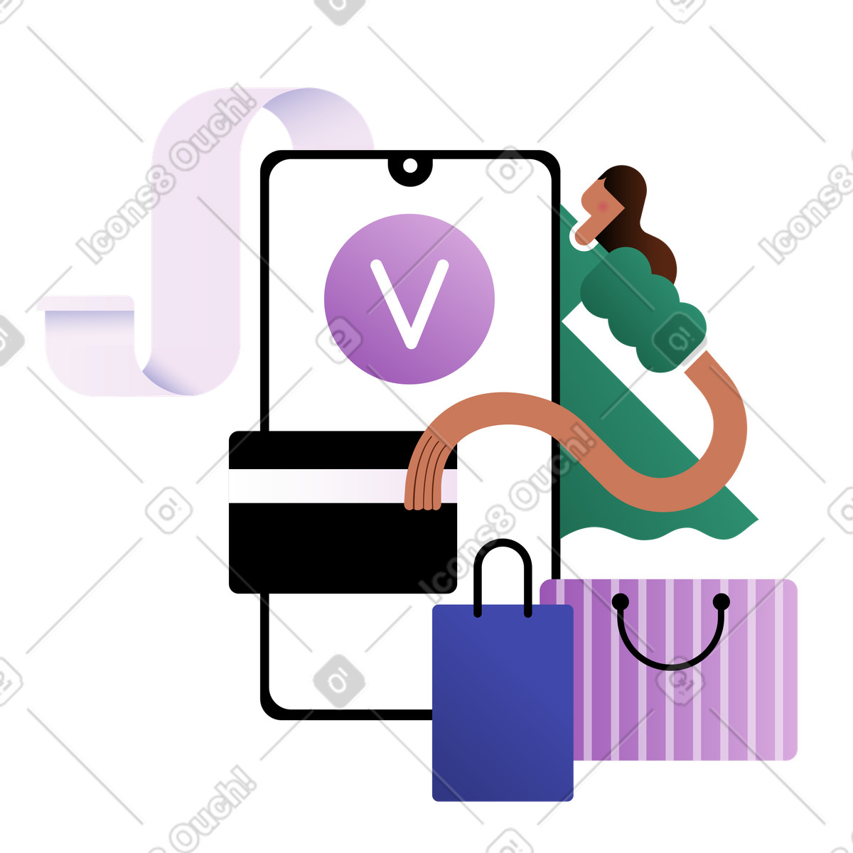 Illustration La fille à robe jaune a payé son achat en utilisant téléphone dans le style Wavy télécharger aux formats PNG, SVG