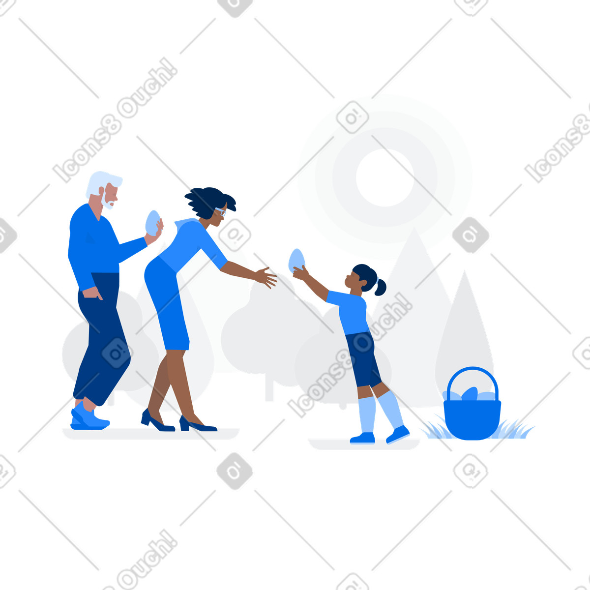Kid and parents on Easter egg hunt, Family tradition holiday celebration illustration in Urban style download in PNG, SVG