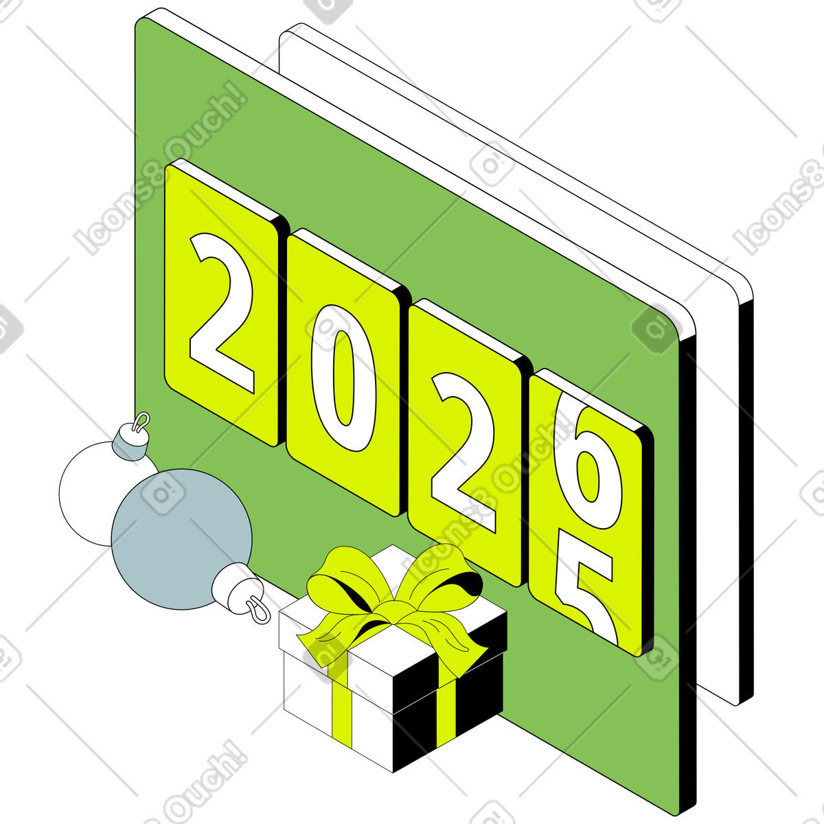 Number 2026 with gift and ornaments illustration in Isometric style download in PNG, SVG