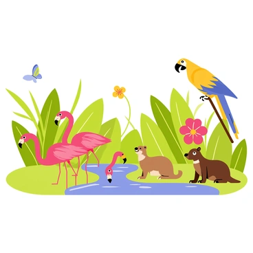 A lush southern habitat filled with various exotic animals. In the foreground, a vibrant blue and yellow macaw perched on a branch. Nearby, a pair of bright red flamingos wade in a shallow pond surrounded by green foliage. A small group of unique mammals, including a capybara with smooth brown fur and a quokka with a round face, are lounging on the grass. In the background, a colorful butterfly flutters past a blooming hibiscus flower. The scene is alive with the presence of these diverse animals in their natural setting.