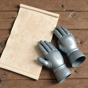 A pair of intricately designed knight's armored gloves, made of shiny steel and adorned with ornate engravings, resting on a rustic wooden table. The gloves are slightly open, showcasing their detailed craftsmanship. Beside the gloves, an old parchment map lays spread out, featuring various symbols and markings, hinting at an adventurous quest. The wooden table has a rough texture, with visible knots and grain patterns, adding to the medieval atmosphere.