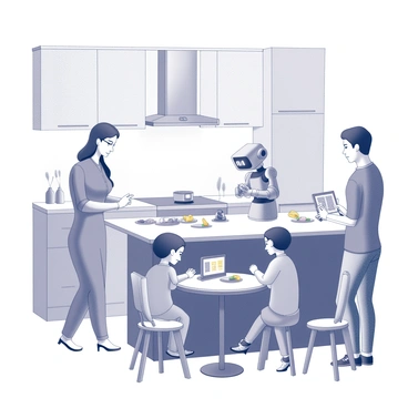 A family of four is gathered in a modern, spacious kitchen. The mother is standing by an island, observing a robot that is skillfully preparing dinner. The robot is a sleek, humanoid design with articulated limbs, engaged in chopping vegetables. The father is sitting at a table, checking a tablet that displays the automated lighting settings of their smart home. Two children are playing nearby, interacting with a digital display that shows various home automation features. Soft, ambient lights illuminate the space, subtly highlighting the kitchen's features and the family's activities.
