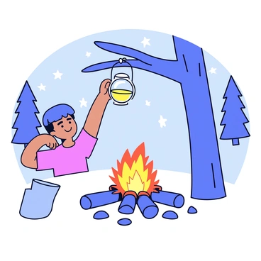 A camper is using a hook to hang a lantern from a sturdy tree branch. The lantern is round with a glass casing that is glowing softly. Below the tree, a cozy campfire is burning with vibrant orange flames. There are several logs arranged around the campfire, and a few small stones are placed in a circular formation around it. In the background, there are silhouettes of additional trees under a starlit sky.